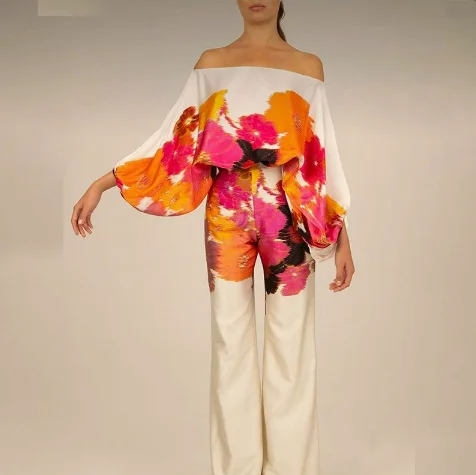 2025 Spring New Suit European and American Fashion Printed One Shoulder Loose Bat Sleeve Waist Wide Leg Pants Fashion Suit