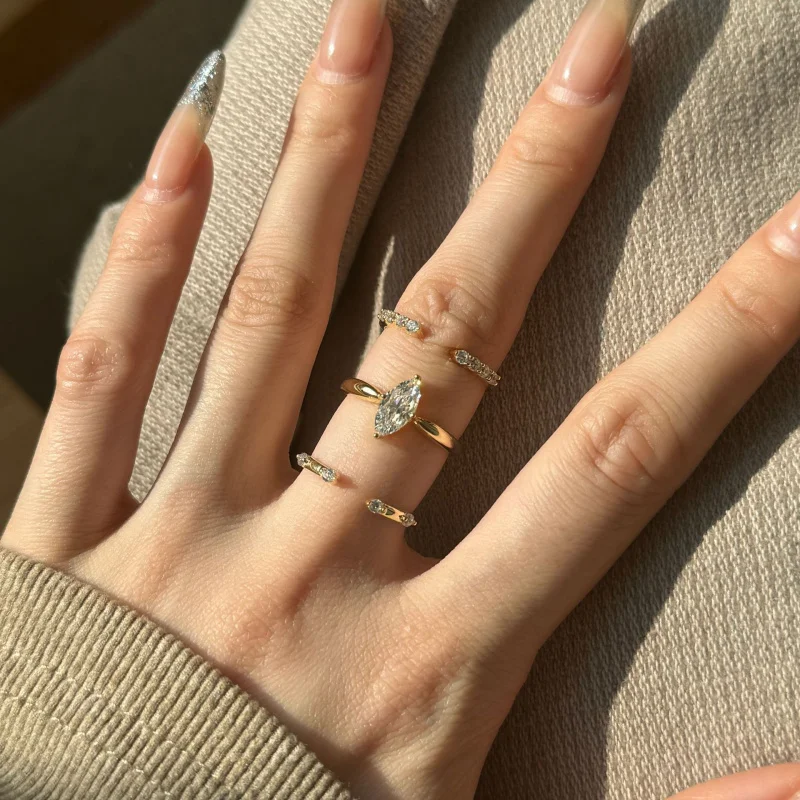 S925Sterling silver gold-plated ring for women, marquise cut three-piece combination ring, moissanite stackable classic wedding