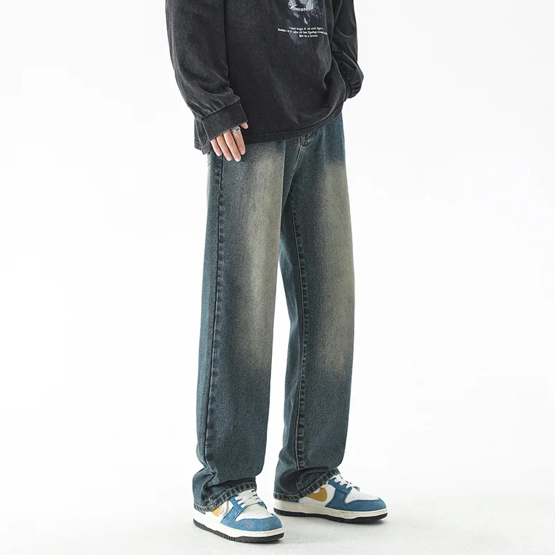 American style high street distressed washed vintage jeans men's straight tube loose pants baggy jeans men streetwear