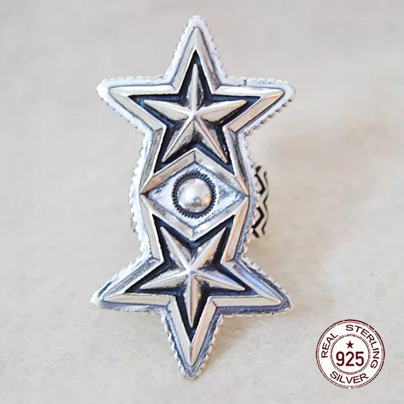 S925 sterling silver ring trendy personality punk jewelry retro exaggerated domineering pentagonal star ring opening as a gift f