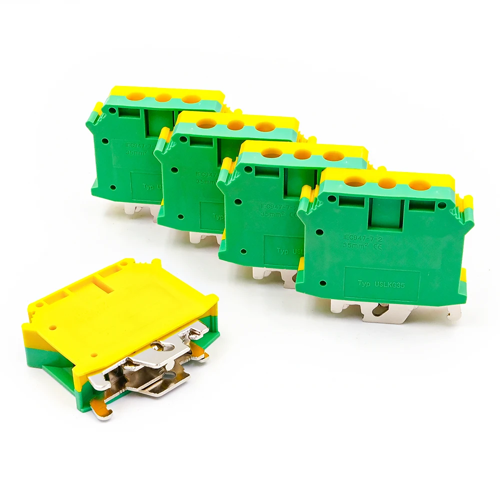 10Pcs USLKG 35 DIN Rail Terminal Block Grounding Heavy Duty 500V 125A Screw Connection Conductor