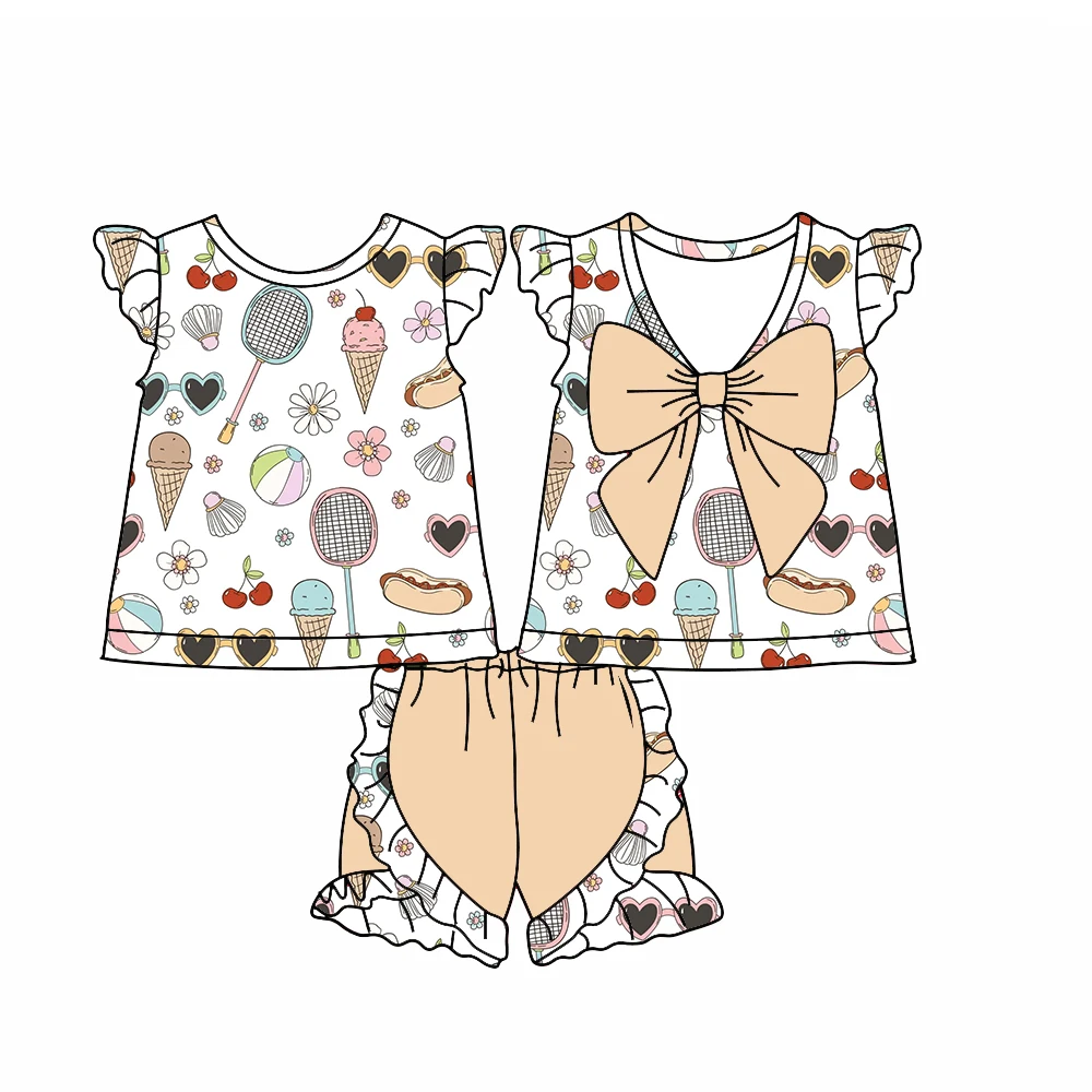 Boutique sleeveless ruffled butterfly-embellished top paired with ruffled shorts Fruit Beach Series Print custom