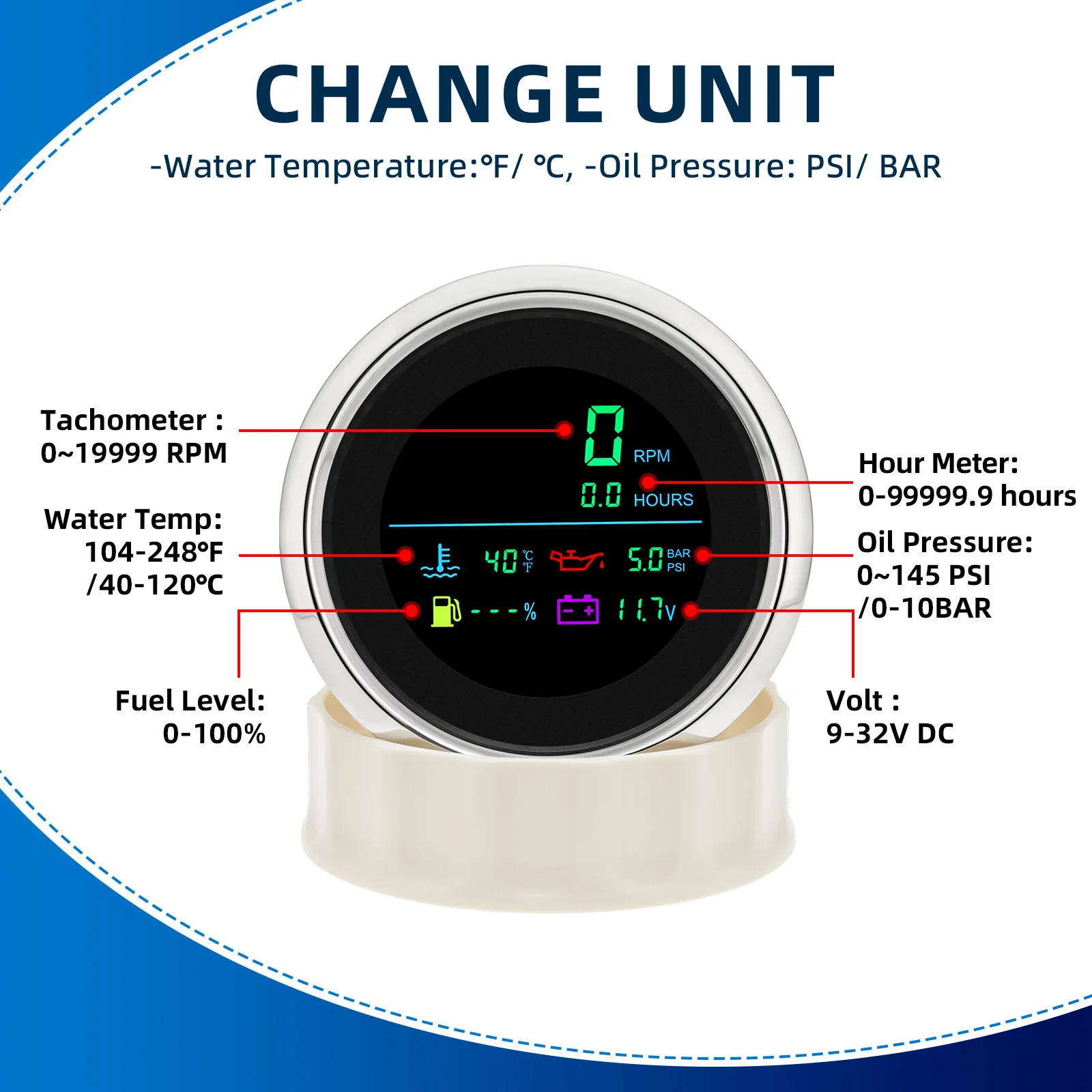 Multi-Function 6 in 1 Gauge Fuel Level RPM Tachometer Water Temp Oil Pressure Voltage Indicator Hour Meter For Boat Car 12V 24V 3