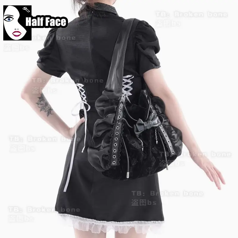 Y2K Spicy Girls Harajuku Gothic Women Punk One Shoulder Lolita Halloween Pleated Velvet Glossy Leather Patchwork Cloud Bags Tote