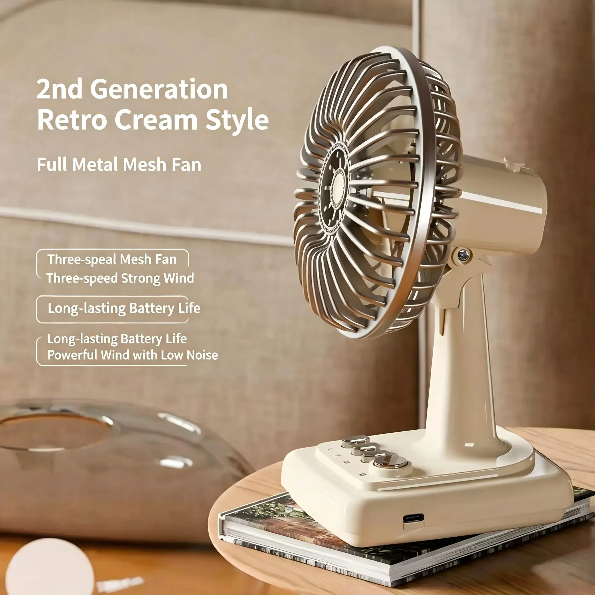Retro Alloy Desktop Fan 3 Speeds USB Charging Portable Small Fan for Students Dormitory Home Office Desk Use image 2