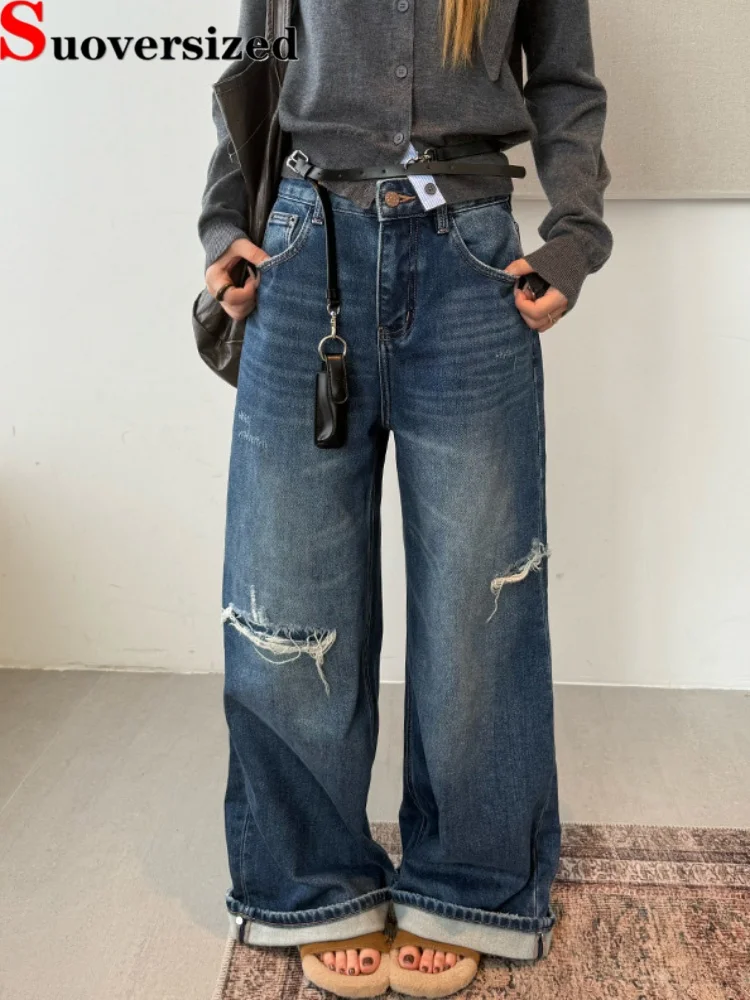 Jeans lavati vintage streetwear strappati moda pantaloni larghi in denim pantaloni casual da donna a vita alta larghi gamba larga retrò Vaqueros