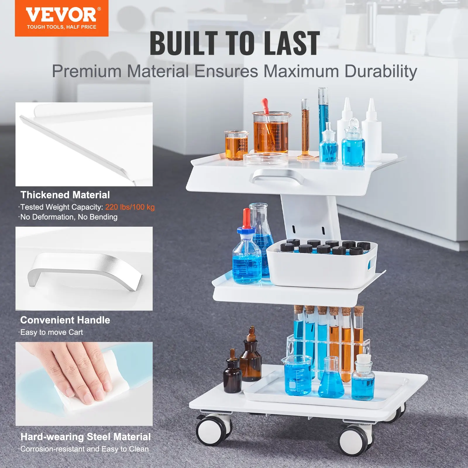 Chariot de laboratoire à 3 niveaux avec roulettes, chariot métallique mobile à roulettes orientables, chariot de service/chariot de clinique avec plateau et capacité de charge de 100 kg, pour laboratoire, clinique, salon de beauté