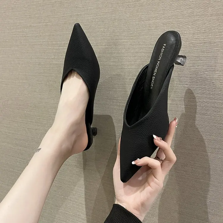 Thin Heels Pointed Toe Med Female Shoes Ladies\' Slippers Low Shallow Mules For Women 2023 Luxury Slides New Designer Fashion Bas