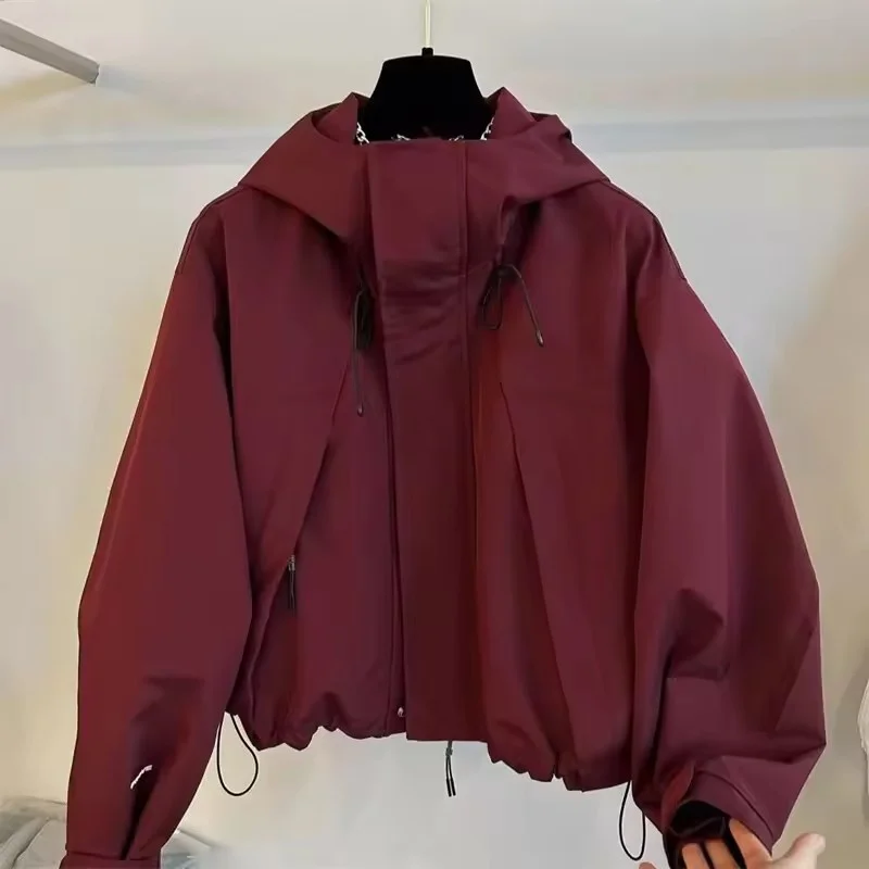 

2026, осенняя новая модная короткая ветровка с капюшоном, женская S, повседневная, на молнии, с завязками, свободный топ, женская верхняя одежда