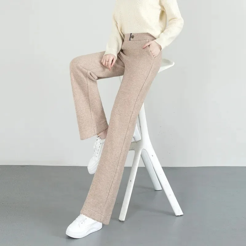 Women Thicken Loose Wide Leg Pants Winter Warn Elastic High Waist Velvet Lined Straight Pantalones Korean Casual Snow Wear Calca