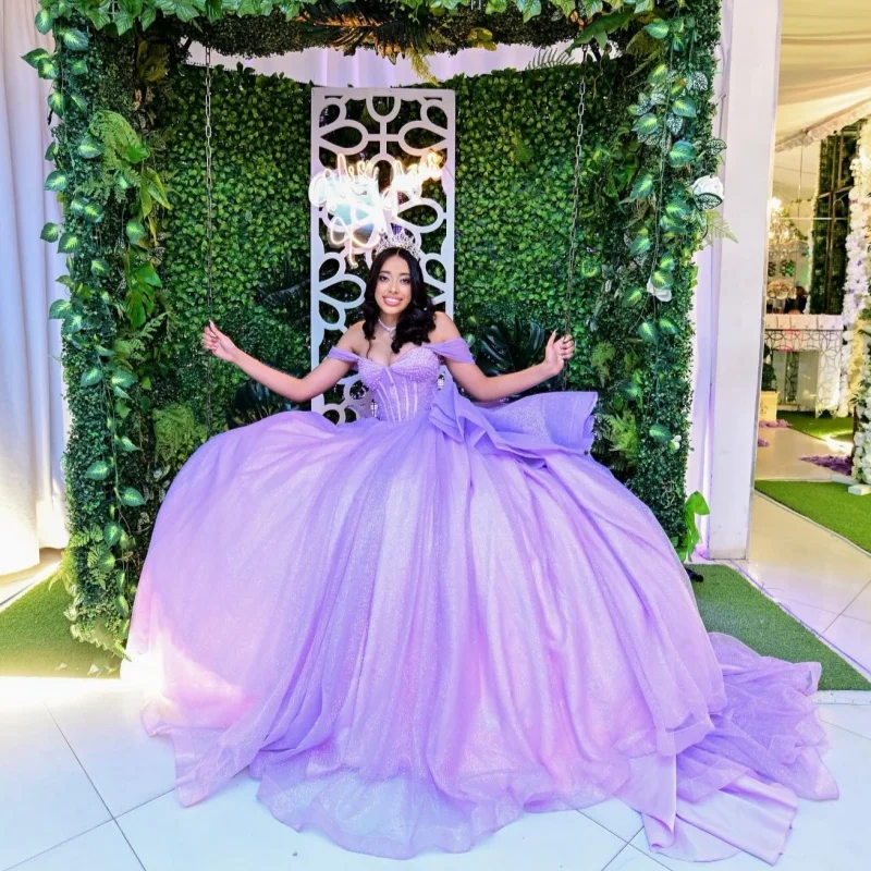 

Блестящее лавандово-фиолетовое платье Quinceanera с кружевом и бисером, многослойное тюлевое платье с бантом, платья de 15, Quinceanera ﻿ Индивидуальный
