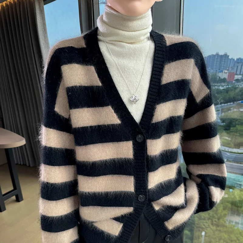 

Women V-Neck 100% Mink Cashmere Cardigan Sweater Autumn Winter Long Sleeve Knitwear Elegant Fashion Clothing Tops