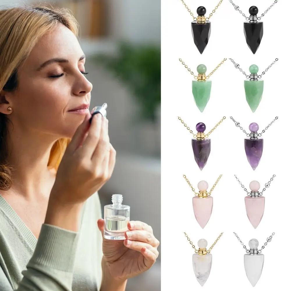 Cone Shape Faceted Pendant Perfume Bottle Necklace Jewelry Accessories Green Aventurine Crystal Necklace Rose Quartz