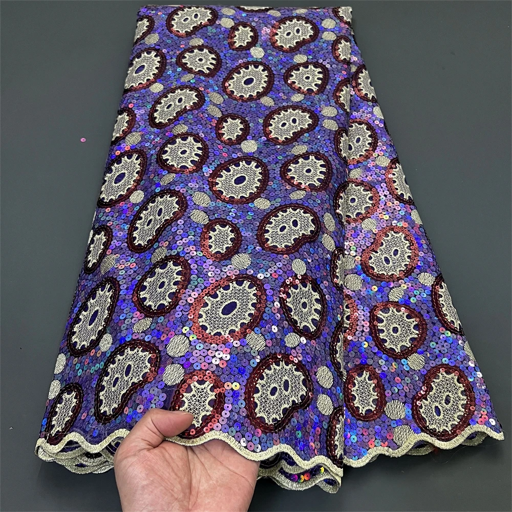 2024 High Quality African Nigerian With Tulle Sewing Lace Fabric Guipure Embroidery Dresses Sequins Beads Stone 5yards PS0034