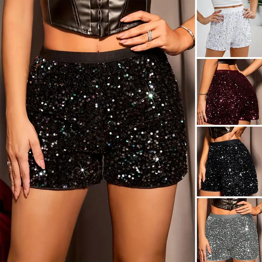 Short de soirée à paillettes pour femme, taille haute élastique, ligne A, jambe droite, court, paillettes, pantalon chaud, monochrome, noir