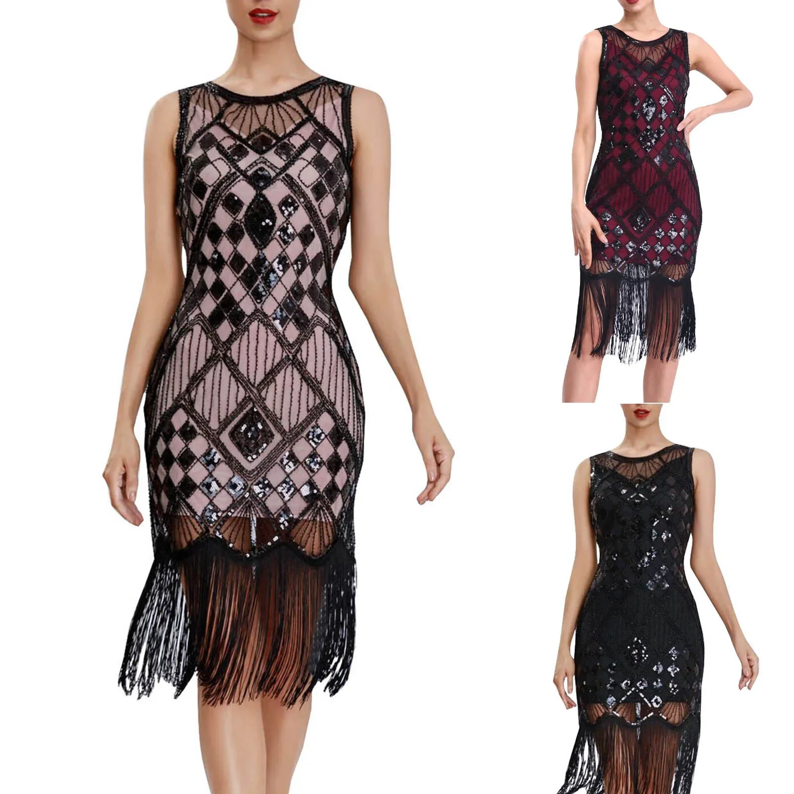 Women 1920s Vintage Flapper Party Dress Art Deco Great Gatsby Dress Shiny O-Neck Cap Sleeve Sequin Bead Fringe Embellished Dress