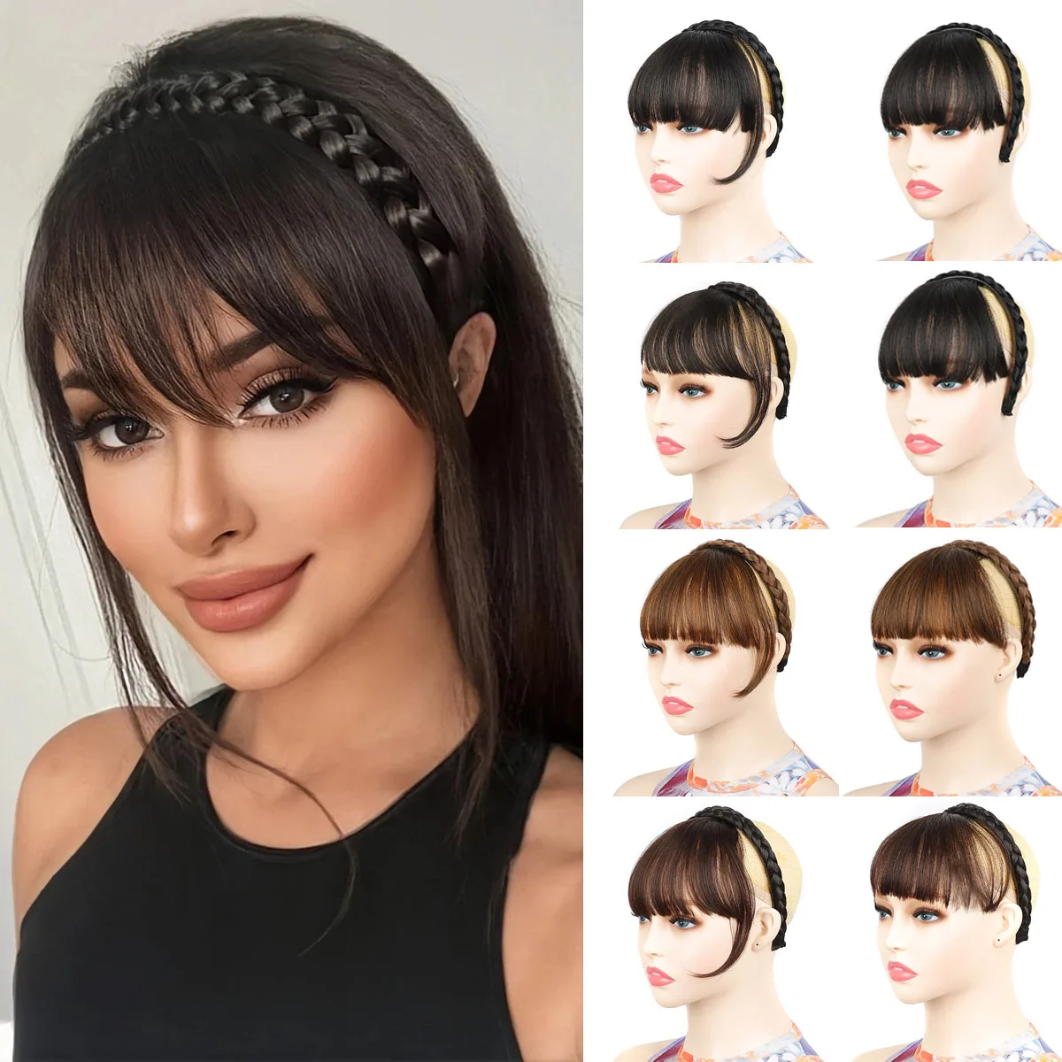

Synthetic Wigs Female Natural Forehead Fishbone Braided Wig Headband Bangs Invisible Fake Bangs for Women