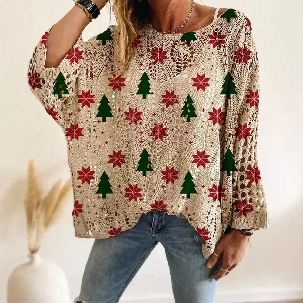 Women Hollow Out Long Sleeve Christmas 3D Print Knit Sweater Cover Up Casual Holiday Party Streetwear Minimalist Chic Ladies Top