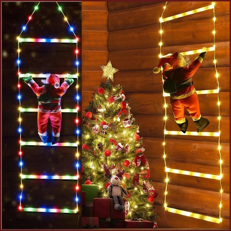 Christmas Decor Led Ladder Light with Santa Claus Doll Waterproof Remote String Lamp Window Garden Xmas Tree Hanging Strip Light