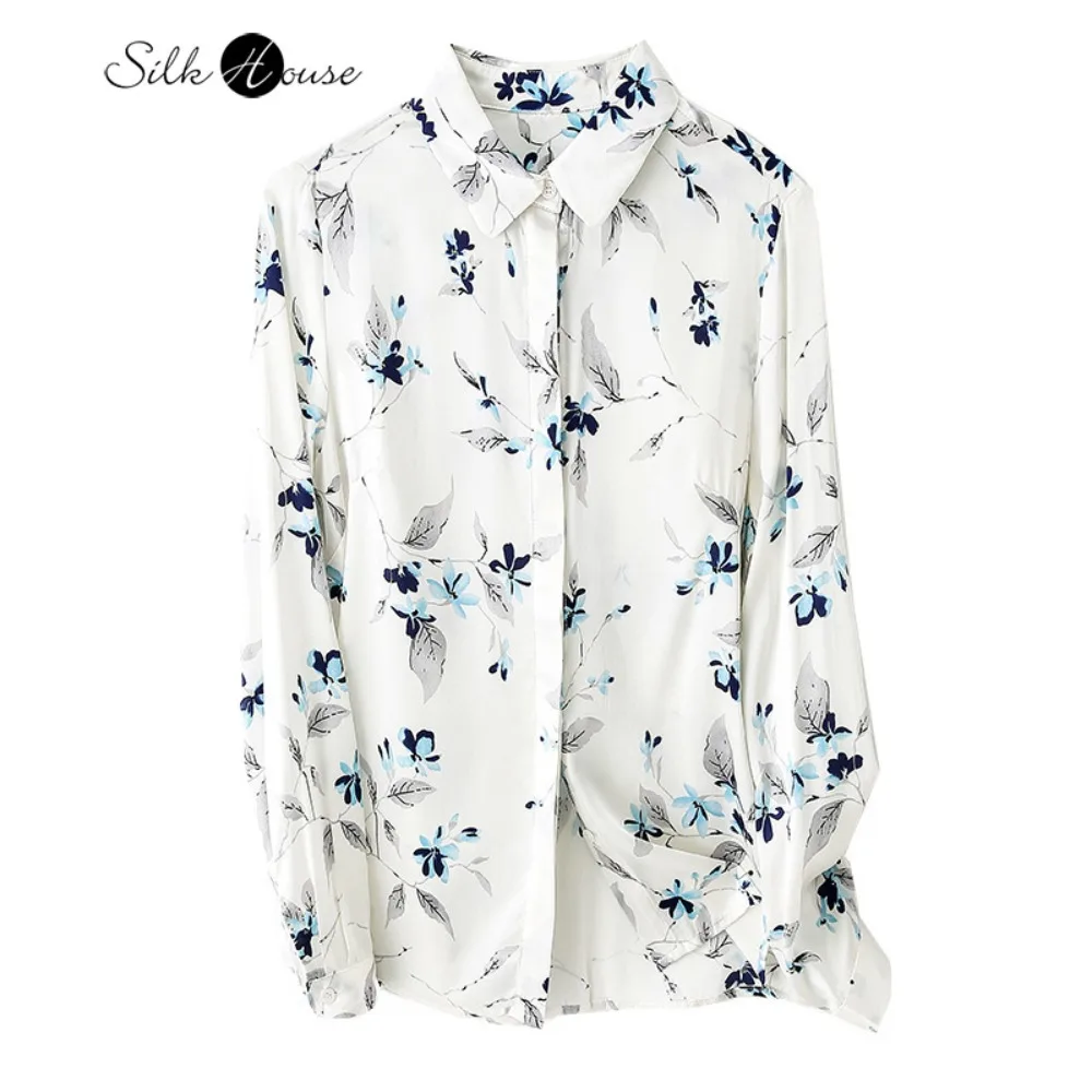 

2026 Spring Women's Clothing Heavy 92% Natural Mulberry Silk Elastic Satin Turn-down Collar Long Sleeve Commuter Casual Shirt