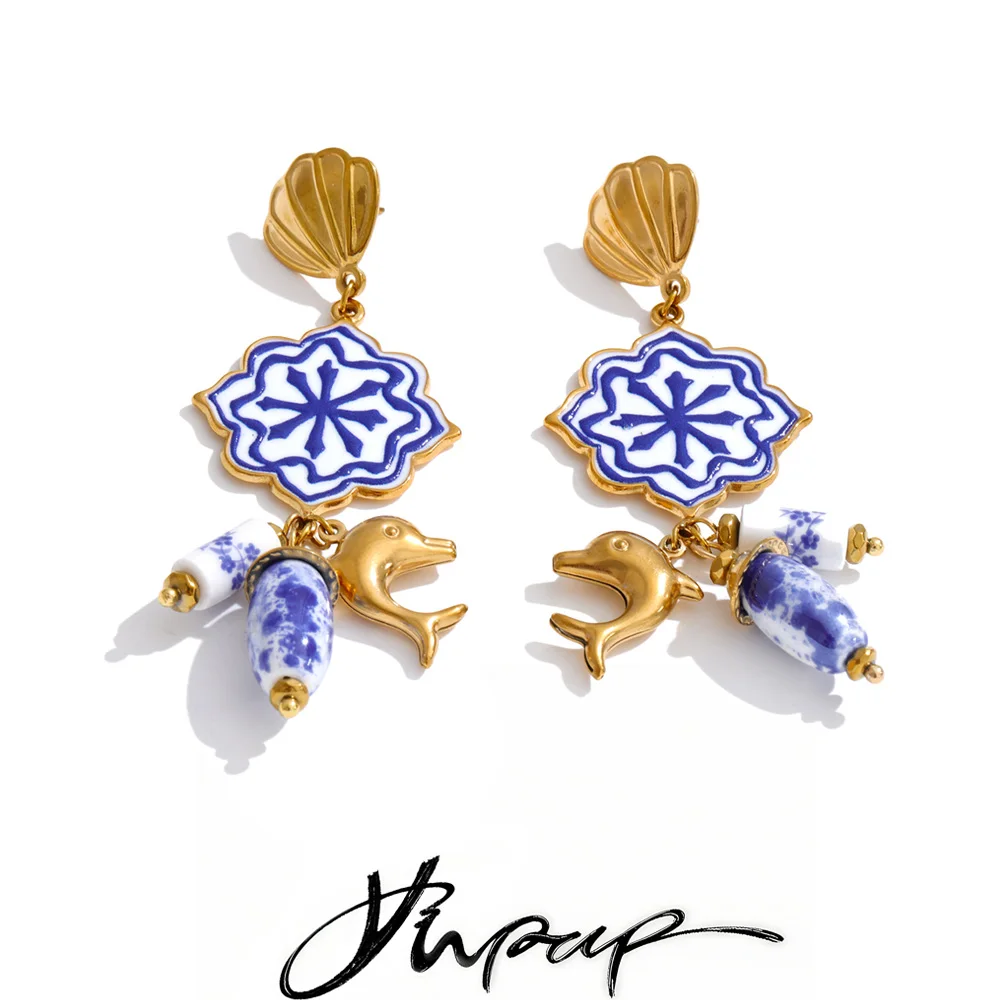 Yhpup Ocean Series Stainless Steel Blue Enamel Ceramic Shell Dolphin Drop Charm Earrings Exquisite Fashion Fresh Summer Jewelry