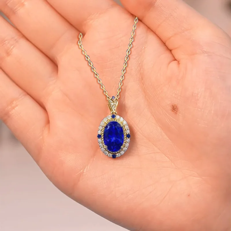 Xiaoyan cultivates 100% S925 silver 8 * 12mm oval diamond blue demon necklace as a palace anniversary commemorative gift