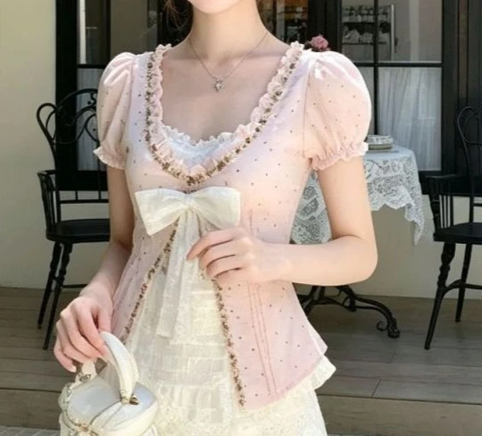 Coquette Sweet 2 Piece Set Women Polka Dot Puff Sleeve Bow Crop Top + High Waist Lace Mini Skirt Slim Fit Date Night Outfit 2026 - view 5