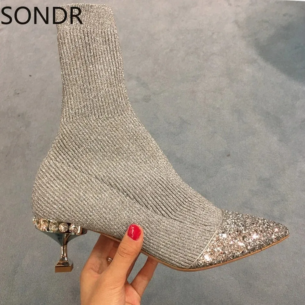 Womens Sequins Rhinestones Crystal Diamond Stitching Knitting Yarn Ankle Boots Shoes Pointed Toe Stilettos Heel Black New 2024