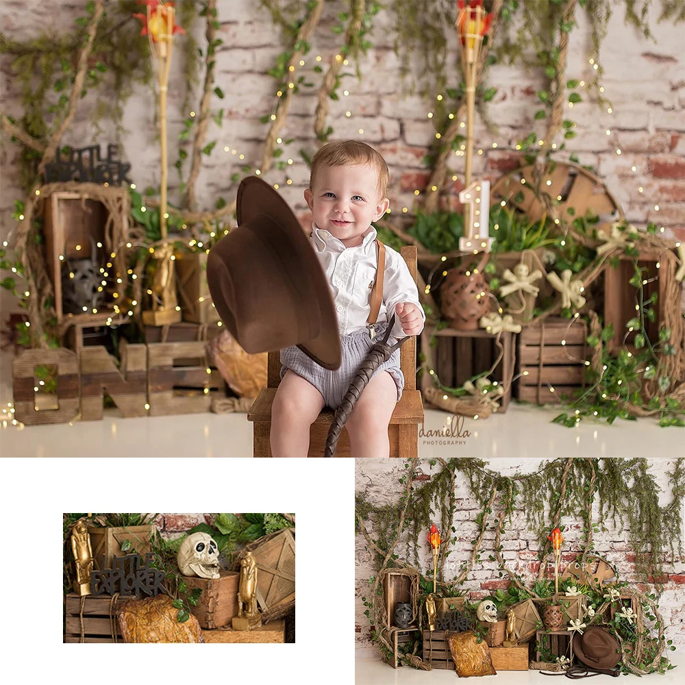 

Little Explorer Garden Backdrops Kids Baby Birthday Cake Smash Photocall Decors Floral Plants Photo Backgrounds