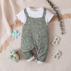 0-3 Years Baby Boy and Girl Cute Strap Pants Clothing Set Short Sleeve Top +Multi Cartoon Pattern Strap Pants for Summer Wear