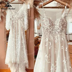 Trouwjurk-Robe de mariée Boho A-Line avec veste, bretelles spaghetti, appliques en dentelle, adaptée aux patients, 2025