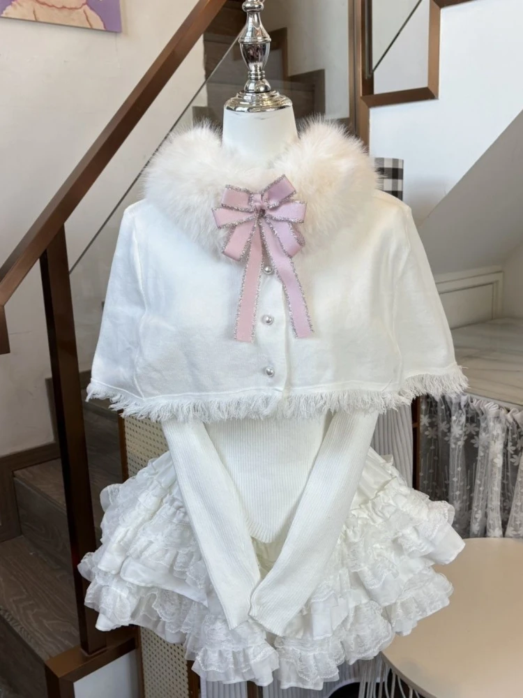 

Japanese Sweet Girl Fashion 2 Piece Set Women Short Cape + Skinny Blouses + Fluffy Lace Skirts New Harajuku Slim Kawaii Outfits