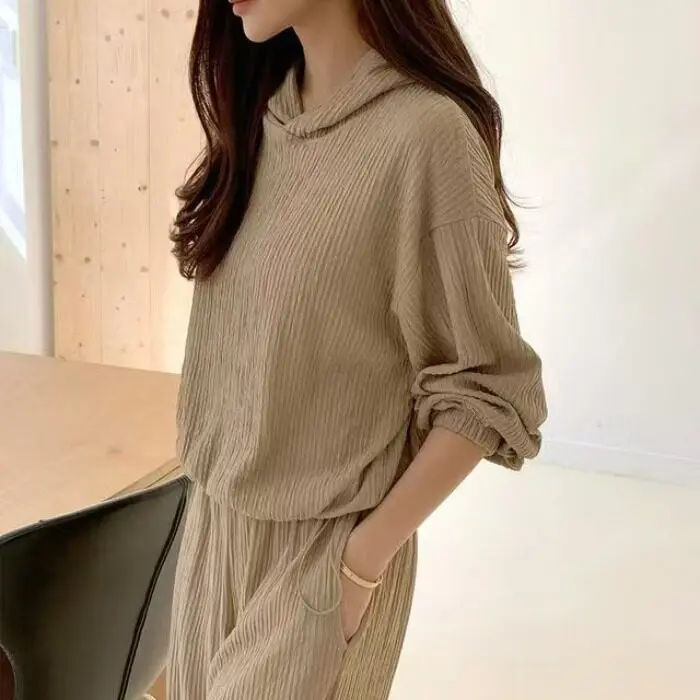 

Loose High Waist Wide Leg Pants Elastic Waist Dstring Hem Hooded irt Casual Faion Set Women's Spring Breathable Cotton