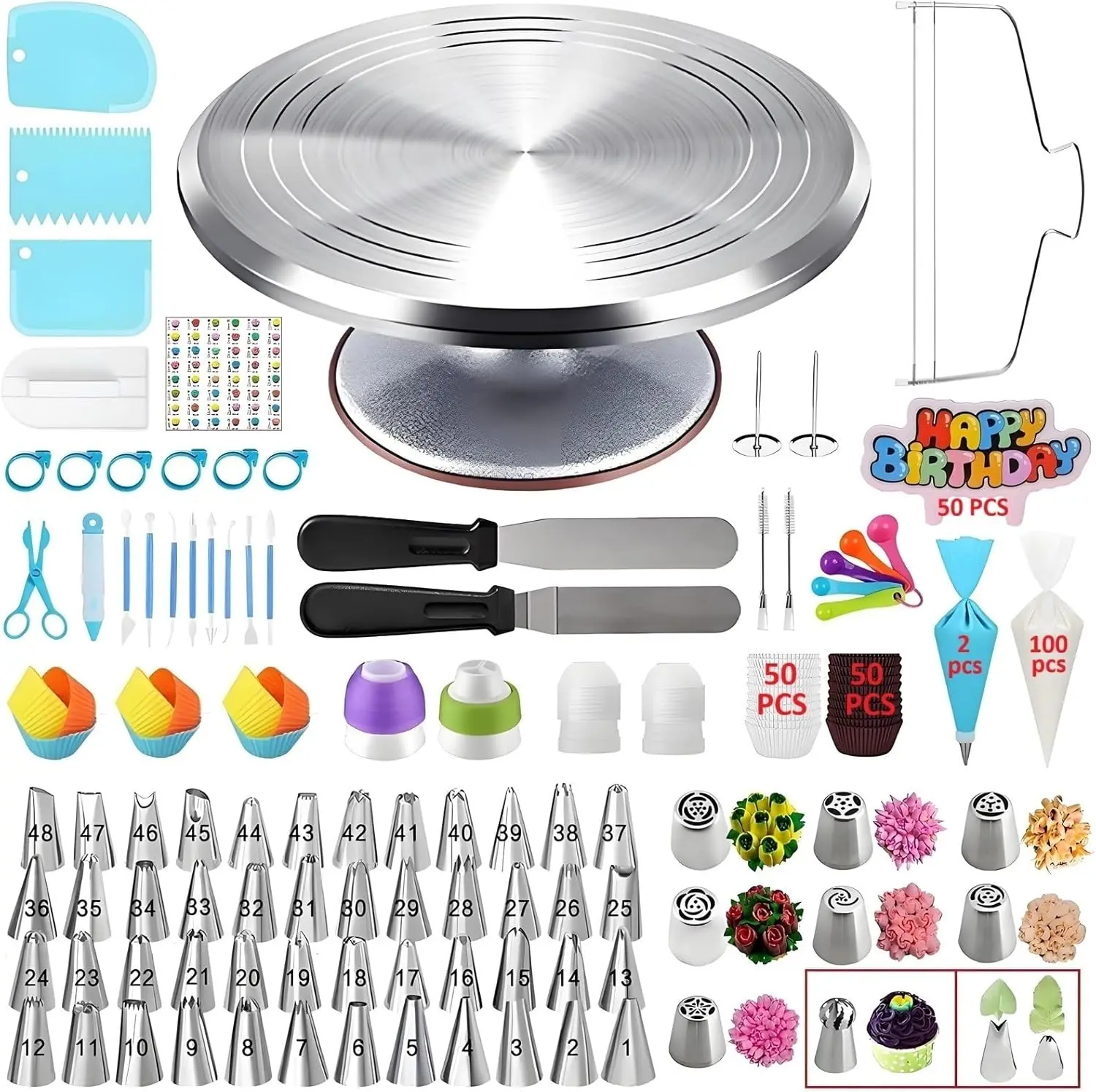 

357 Pcs Cake Decorating Kit with Turntable, Icing Tips, Spatulas, Flags, Bags & Liners