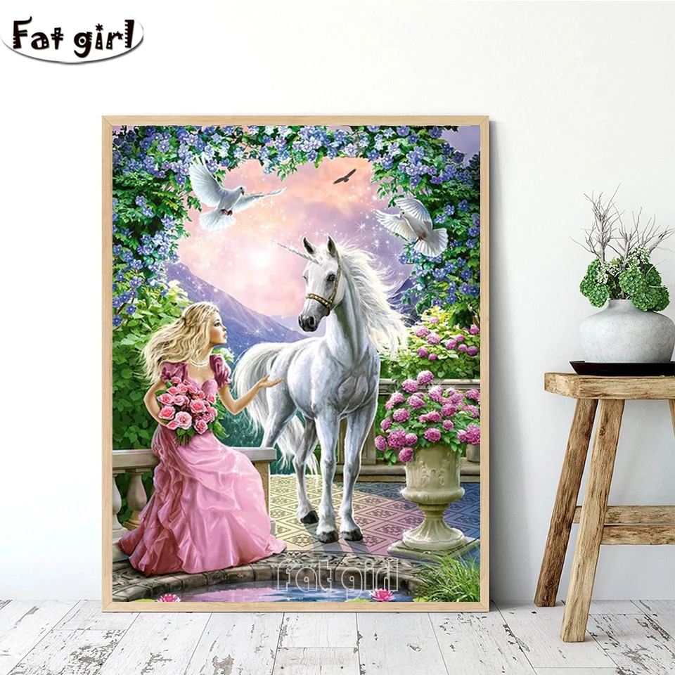 Full Square Round Drill Diamond Embroidery Cartoon Princess And Unicorn Cross Stitch Diamond Painting Flower Picture Home Decor