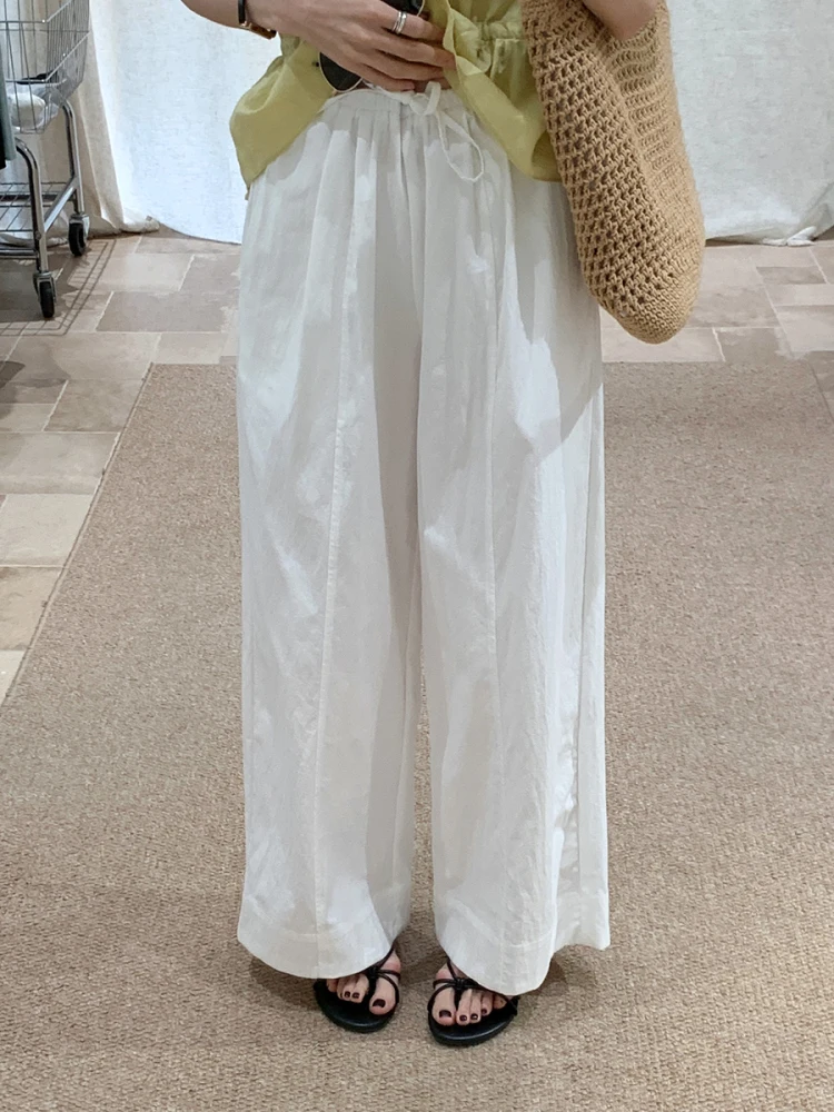 

Брюки BRIVIN: новые летние женские повседневные брюки с высокой талией, широкими штанинами, эластичным поясом, в корейском стиле, белые, с эффектом премиум-класса