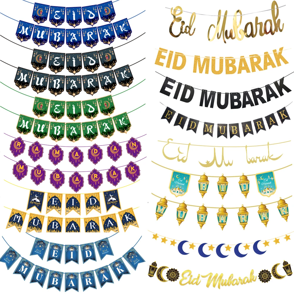 EID Mubarak Banner 2025 Decorations Ramadan Kareem Star Moon Garland Bunting Hanging Ornament Muslim Umrah Mubarak home decor