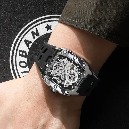 Imagen 2 del producto Reloj Mecánico MEGIR de silicona negra para hombre, reloj de pulsera con movimiento automático de lujo, reloj de pulsera con esqueleto para hombre, relojes con manecillas luminosas