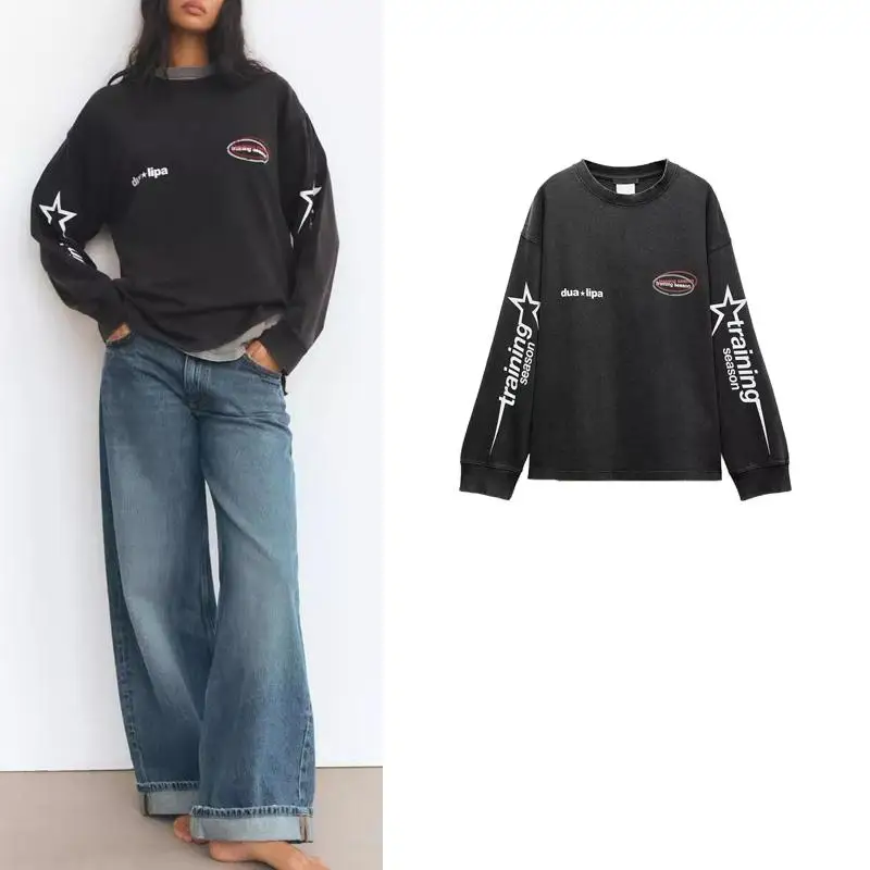 

Autumn Winter New Women's Loose Fit Cotton Print round Ne Long Sve Sweatirt Comfortable Versatile Casual Streetwear