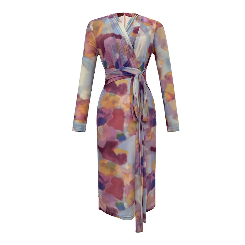 Outono novas roupas femininas cor francesa manchada rendas cintura envolta vestido quadril vestido de malha