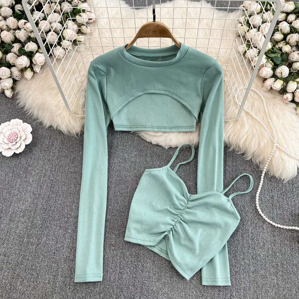 Women Two Pieces Sets Long Sleeve Slim Tshirt with Sexy Pleated Camis Tank Top Korean Fashion Hollow Out Crop Top Set Y2k Ins