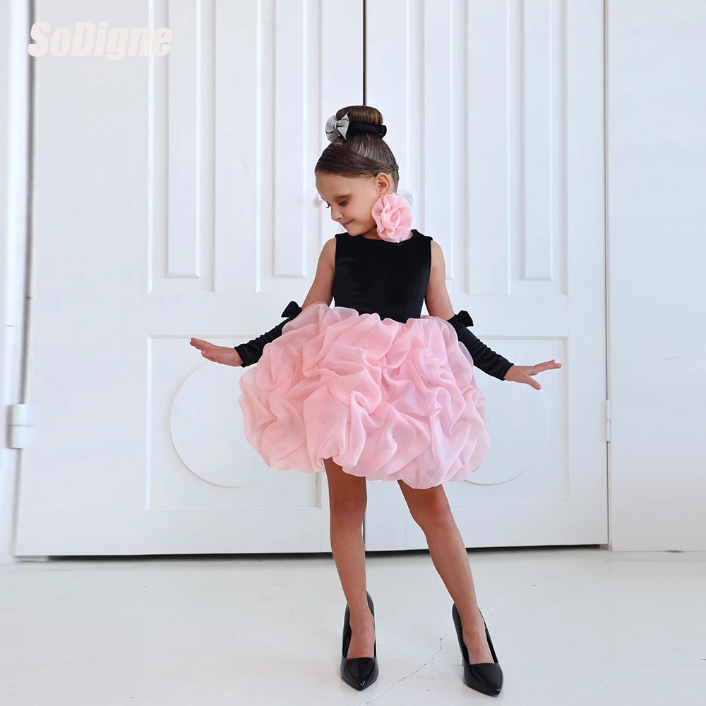 

SoDigne A-line Velvet/organza Short Flower Girl Dress O-neck Pleat Flower Princess Girls Skirt Party Dress Kid Gown Customized