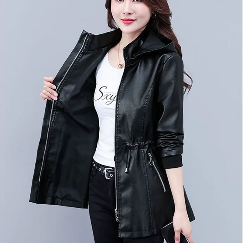 Women\'s PU Leather Coat Spring Autumn Fashion Hooded Motorcycle Jacket Female Casual Zipper Faux Leather Windbreaker 4XL Y1000