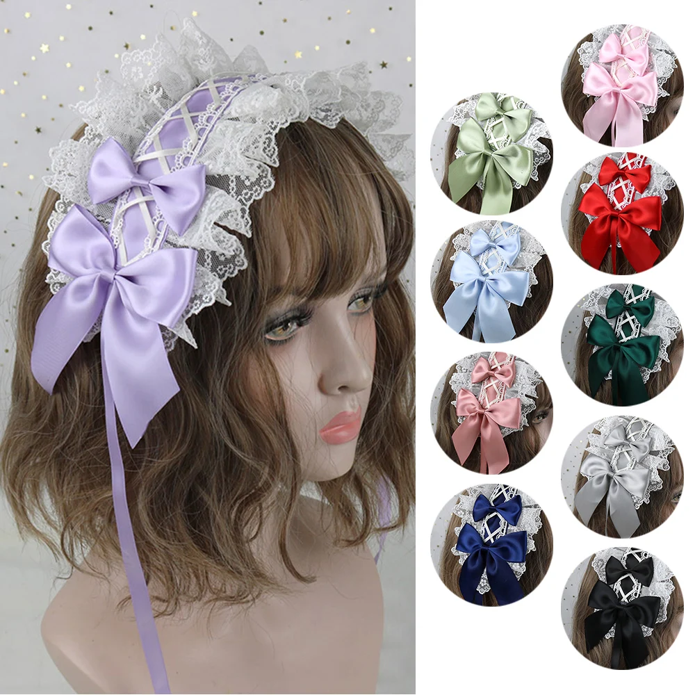 Diadema gótica con lazo para el pelo, accesorios para el cabello de Lolita con encaje de flores, horquilla bonita para sirvienta de Anime, Cosplay