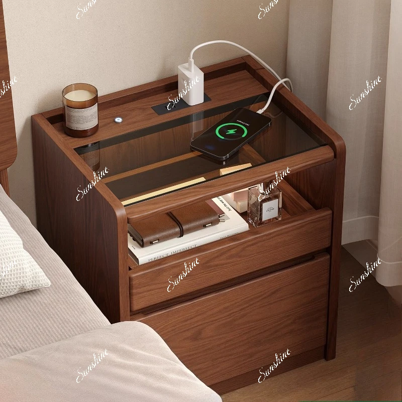 

Household bedroom antique bedside storage cabinet with socket with lamp smart bedside rack