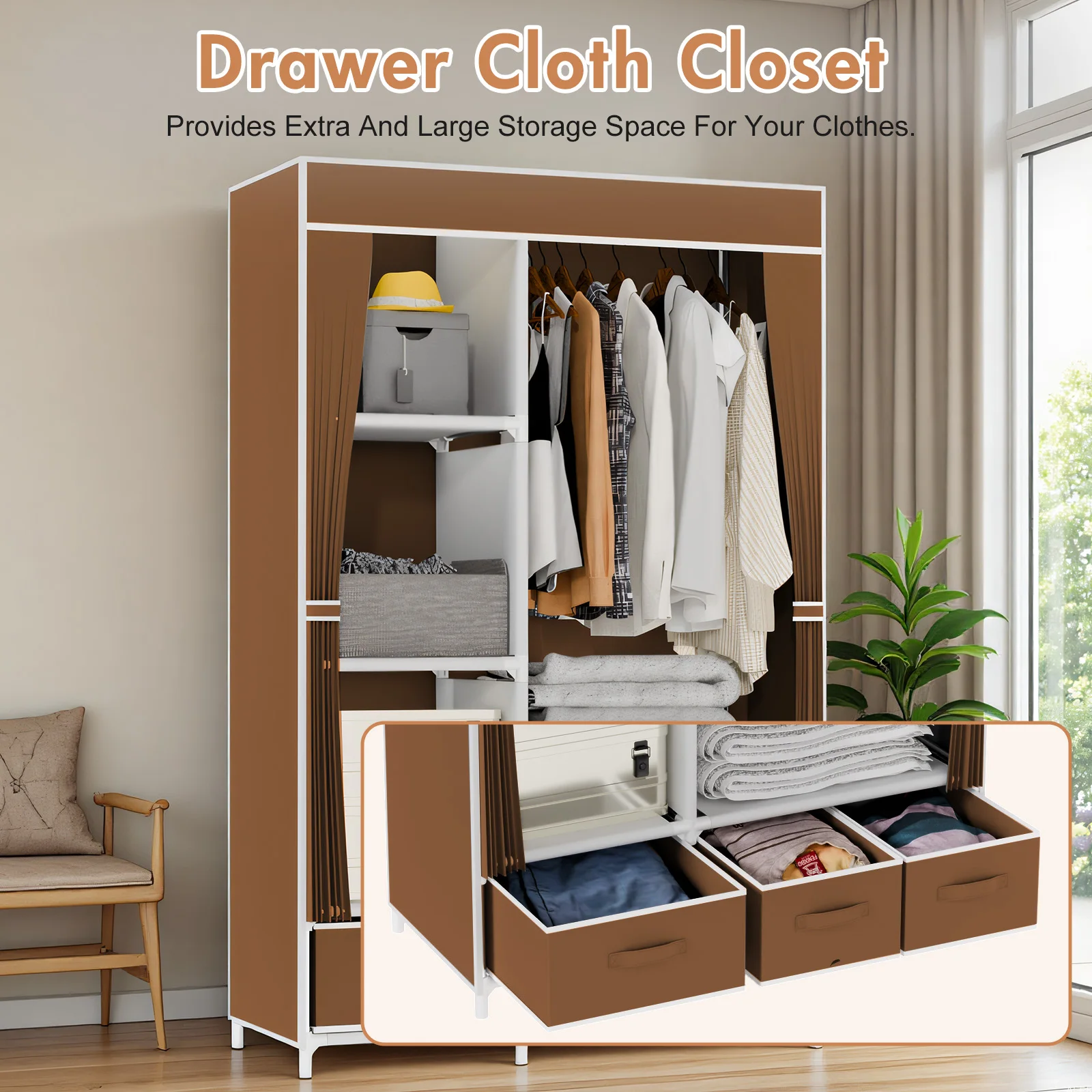 

Portable Wardrobe Closet Organizer Clothing Storage Rack Non-Woven with 3 Drawers Hanging Rod 4 Side Pockets 16mm Tube Frame