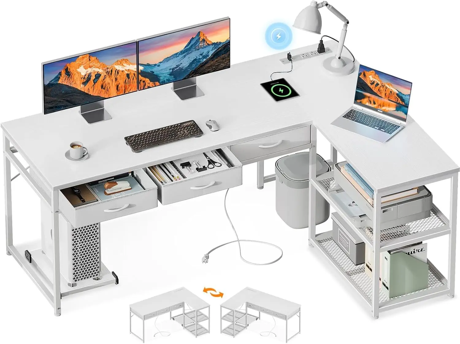 

61 Inch L Shaped Computer Desk with Drawers Corner Desk with Power Outlets & Reversible Storage Shelves
