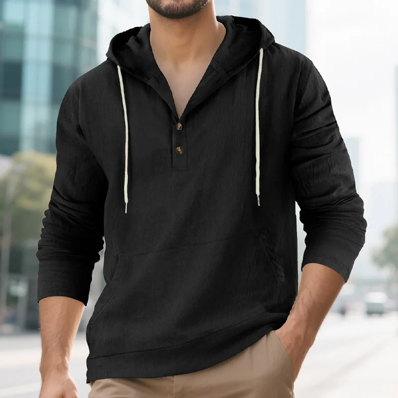 Men’s Hooded T-shirt, Long Sleeve Button Closure Solid Fall Tops Streetwear for Casual Daily