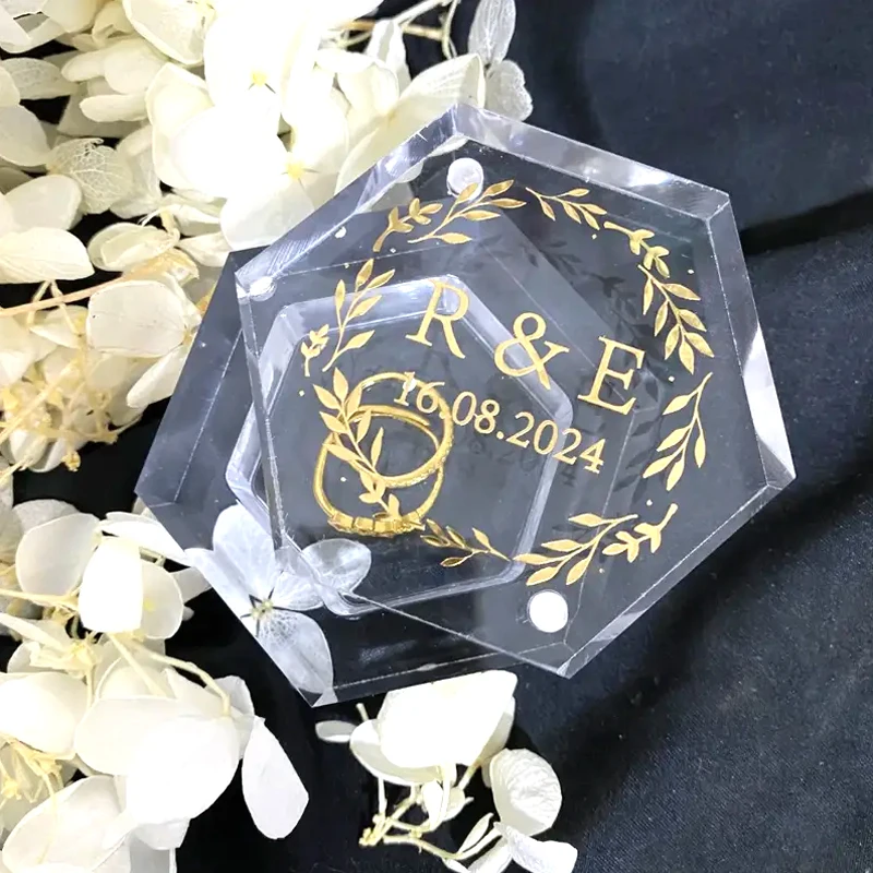 

Personalized Wedding Ring Box with Gold Text Hexagon Acrylic Ring Box for Women Engagement Ring Box, Wedding Ring Box for Couple