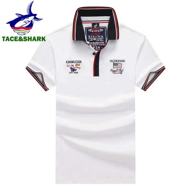 TACE&SHARK Casual Shark Flag Embroidery Short Sleeve Polo Shirts Fashion White Dark Blue Camisa Polo